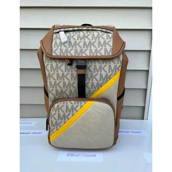 Michael Kors Mens Backpack Cooper Embossed Leather Logo Stripe Backpack Chino